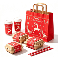 Ensemble d'emballages jetables de Noël pour plats à emporter, écologique, double paroi, gobelet à café en PE de qualité alimentaire, boîte alimentaire en kraft, sac en papier imprimé