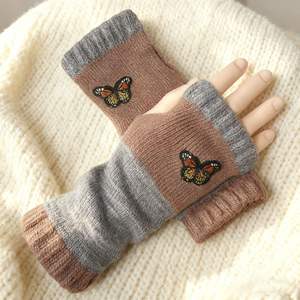 Gants en tricot chauds pour femmes, patchwork, broderie d'oiseaux, demi-doigts pour écran, hiver, extérieur, respirants, mitaines - Product Image 1