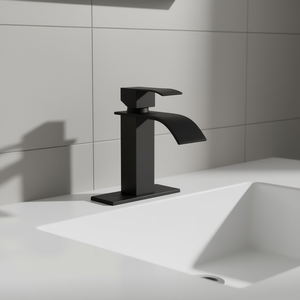 Grifo de lavabo monomando con caño en cascada, negro mate, válvula cerámica, construcción de latón, instalación de un solo orificio - Product Image 2