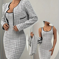 Ensemble Décontracté Deux Pièces Automne Taille XL, Blazer Uni et Robe Dos Nu avec Décor en Tweed, Longueur Au-Dessus du Genou