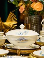 Service de table en porcelaine fine bleu et blanc, motif paysage, luxe pour la maison, les dîners, les mariages, cadeau de pendaison de crémaillère, compatible lave-vaisselle et résistant à la chaleur