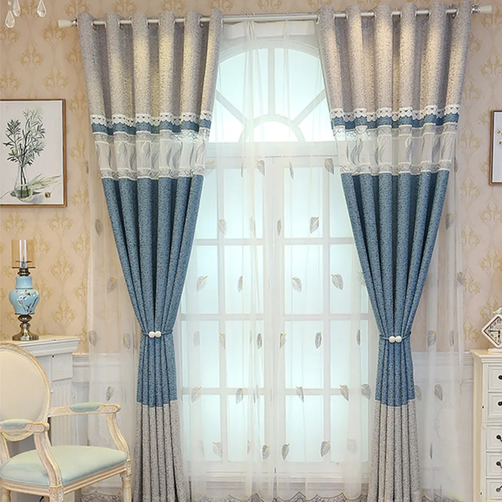 New Simple Elegant Stitching Blue Curtains Luxury Jacquard Design Curtains for Living Room Bedroom Home Textiles