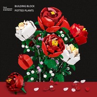 Blok Bangunan Buket Mawar Plastik ABS Kreatif, Mainan DIY Model Bunga, Tema Hewan & Alam, Dekorasi Meja untuk Usia 14+
