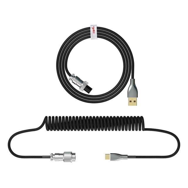 HXSJ USB to Type-C Keyboard Coiled Cable Detachable Mechanical Keyboard Coiled Cable with Metal Aviation Connector Nylon Black