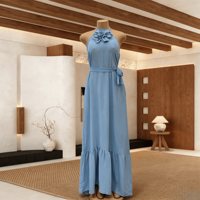 Robe longue de luxe à fleurs 3D appliquées, col halter, pour femme, élégante, sexy, sans manches, robe de plage d'été, grande taille
