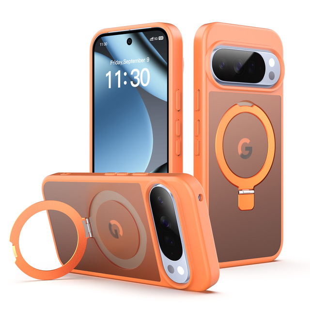 Orange Magnetic Mobile Phone Cases with Metal 360 Spin Stand Matte Transparent Cover for Google pixel 6A 7A 8A 9A 10 Pro Xl case