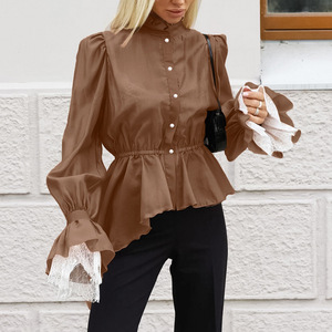 Fabricant de Blouses Femme Personnalisées OEM ODM, Marque Privée, Col Montant, Bordure <span class=keywords><strong>Dentelle</strong></span>, Manches Bouffantes, Taille Cintrée Vintage, Vente en Gros Automne - Product Image 2