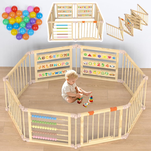 Parc de jeu pliable hexagonal personnalisé pour bébé en pin de Nouvelle-Zélande, barrière de sécurité pour ramper, parc de jeu intérieur en bois pour bébé avec porte - Product Image 1