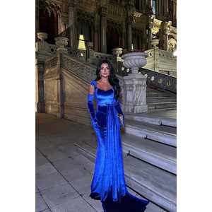 Vestido de Noche Formal de Manga Larga Saks con Cuello Redondo, Corte en A, Largo hasta el Suelo, Decoración 3D con Lentejuelas, Perlas, Flores y Plumas para Fiestas - Product Image 4