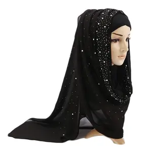 Soft chiffon head scarf parls hijab silk scarves wrap glittering rhinestones hijab