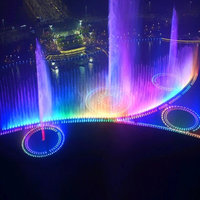 Fontaine musicale flottante pour parc aquatique extérieur, contrôlée par DMX/PLC, avec structure en acier inoxydable et éclairage RGB