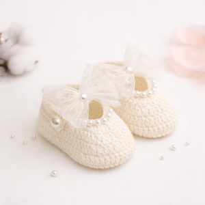 Zapatitos de Ganchillo para Bebé Recién Nacido, Zapatos de Algodón Suave con Lazo de Perlas para Primeros Pasos de Niñas - Product Image 1