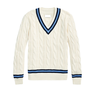 OEM y ODM logotipo personalizado Varsity Cricket Jacquard suéter de punto de algodón con cuello en V Cable Varsity uniforme suéter para el invierno - Product Image 1