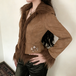 Women's <b>Winter</b> Woven Suede Jacket Eco-Friendly Breathable Vintage Floral Embroidery Color Block Faux Fur Patchwork Warm Casual - Product Image 4