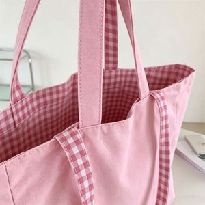 Plaid Double Sided Canvas Tote <b>Pink</b> Reversible Shoulder Bag With Dual Handles - Product Image 4