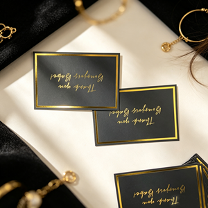 Tarjeta de agradecimiento personalizada de 10x15cm con logo en lámina dorada, impresión en cartulina negra, tarjeta de presentación para negocios de peluquería, ropa y accesorios. - Product Image 2