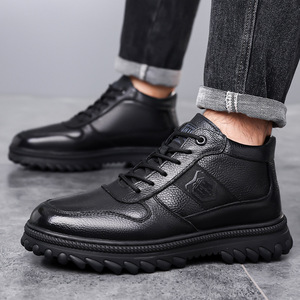 Bottes d'hiver en cuir véritable pour hommes, hauteur cheville, bout rond, doublure en fourrure, semelle en caoutchouc antidérapante, bottines chaudes - Product Image 2