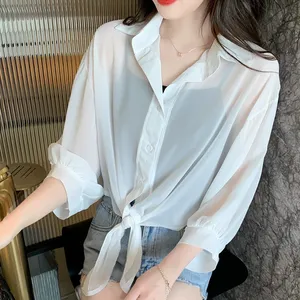 夏の女性シフォン日焼け止めシャツ無地タイウエストブラウス薄い通気性のあるコートエレガントなカーディガンルーズボタントップス - Product Image 4