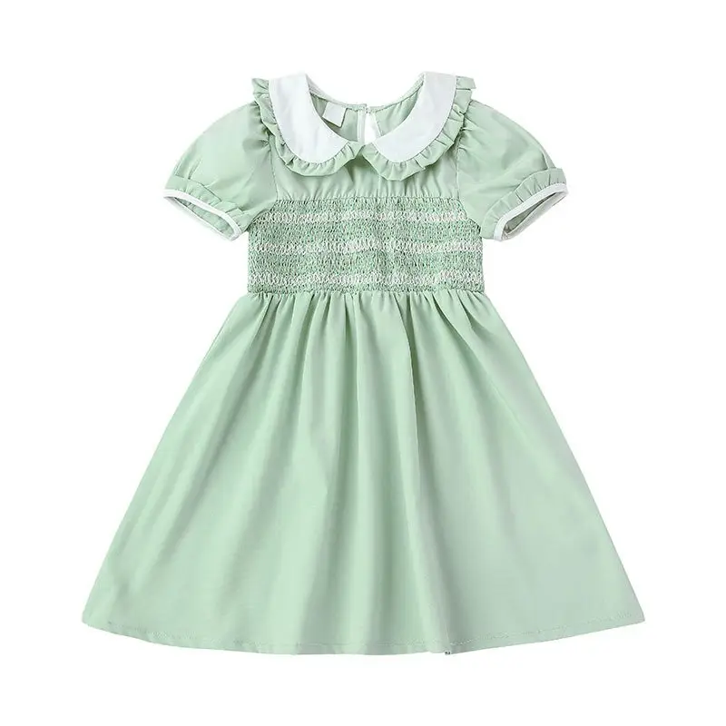 Princess Style Solid Girls Summer Dresses, Cute Smocked clothes short sleeves doll collar dress for 4-7 Years Baby Girls