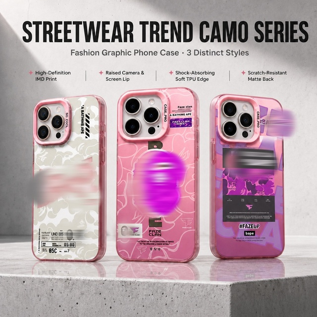 Streetwear Bape Camouflage Shockproof Pc+tpu IMD 2-in-1 Phone Case for XR 17  Back Sell for Iphone 16 15 14 13 12 11 Pro Max