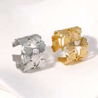 BeM Ring Einfacher Frischer Breiter Ginkgoblatt-Ring aus Edelstahl Offener Damenring
