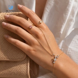 SUMMLY Farbenfrohe Ovale Herz-Zirkon Handkette Armband Verstellbarer Offener Ring 18K Vergoldeter Edelstahl Schmuckset für Damen - Product Image 1