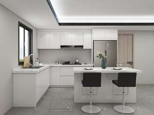 Armoires de cuisine, blanc brillant, porte à panneau plat, plan de travail en quartz à motifs, minimaliste, écologique, appartement modulaire - Product Image 4