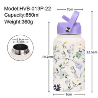 Botol Vakum Motif Bunga 650ml, Botol Air Stainless Steel Lapis Ganda, Pegangan Portabel, Botol Minum Sedotan untuk Olahraga Luar Ruangan