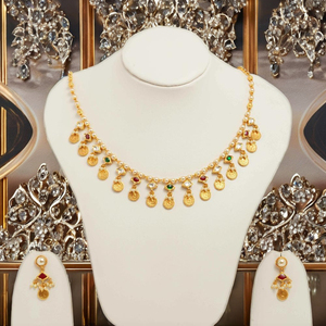 Conjunto de collar de templo de oro fino de 22K con pendientes, diseño de moneda tradicional Kundan, joyería nupcial de perlas - Product Image 1