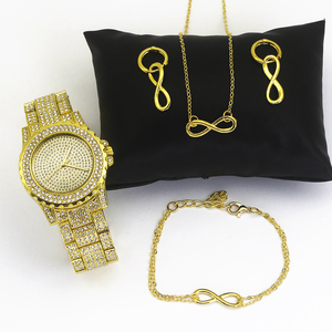 Reloj de Mujer Dorado con Incrustaciones de Diamantes de Imitación, 40 mm, Esfera Grande, con Juego de Joyería Infinito a Juego (Collar y Pulsera) para Moda Africana - Product Image 3