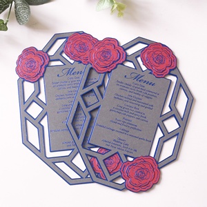 Flor fucsia diseño romántico menú de boda personalizado 7 pulgadas <span class=keywords><strong>restaurante</strong></span> menú tarjetas lámina DIY Logo papel cortado con láser música Anime - Product Image 3