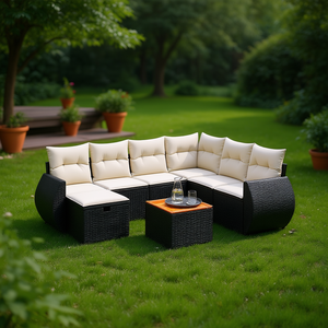Ensemble de canapés modulaires d'extérieur en rotin PE D0100XFT1X6, mobilier de jardin noir au design contemporain avec coussins en mousse haute densité - Product Image 2