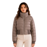 Doudoune courte matelassée pour femme, marron taupe, col montant, coupe bomber, avec bordure côtelée, manteau d'hiver isolé, parka