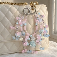 Colgante para Teléfono con Flores Kawaii y Cuentas, Llavero de Plata con Perlas de Cristal Pastel, Colgante para Bolso, Joyería Hecha a Mano al por Mayor