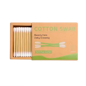 Etiqueta privada Biodegradable 200 piezas de bambú Stick Cotton Bud con paquete de caja de cajón de papel Kraft