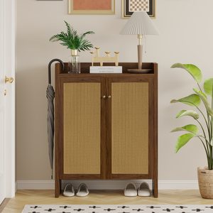 Rattan <b>Shoe</b> Cabinet 42.5 In Tall With Doors Wooden Freestanding Storage For Entryway - Product Image 4