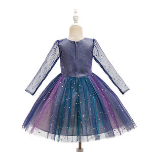 Elegante Vestido Formal de Manga Larga con Tul Azul y Pequeñas Flores para Niña, Ideal para Bodas y Fiestas - Product Image 4