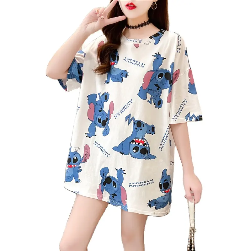 Good quality Stitch pink white yellow shirts Short Sleeve polyester Cotton Oversize women cartoon stitch T Shirt