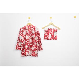 Ensemble de pyjama en satin de coton respirant pour femmes, imprimé rouge antique, manches longues, taille élastique, confortable, vêtements de nuit d'automne - Product Image 4