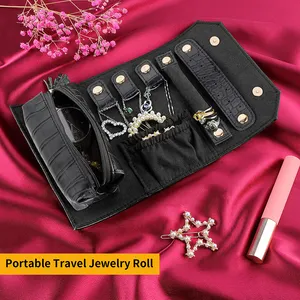 Organizador de joias em tecido de couro portátil de luxo personalizado, estojo de armazenamento para viagem, tamanho de sacola cosmética em rolo
