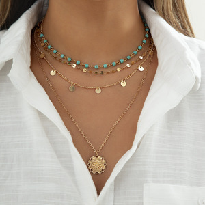 Collana turchese a strati in oro da donna collana lunga Multi Boho con ciondolo a moneta bohémien gioielli - Product Image 3