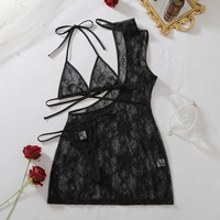 Offre Spéciale – Ensemble 3 Pièces de Lingerie Érotique Noire Transparente en Dentelle Florale, Col Halter, Mini Robe Moulante Sexy