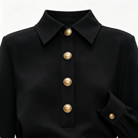 Robe midi élégante noire pour femme, col à revers, manches longues, boutons dorés vintage, coupe ajustée, idéale pour le bureau, personnalisable OEM