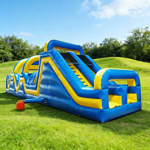 Parcours d'obstacles gonflable pour enfants DFRL, taille personnalisée, qualité commerciale, PVC 0,55 mm, 32 pieds, jaune et bleu, garantie 3 ans - Product Image 2