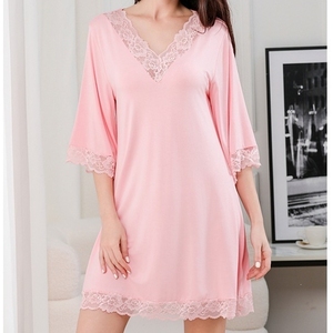 <strong>Women</strong> Sexy Lace V Neck Modal Cotton Nightgown Loose Seven Sleeve Plus Size Home Sleep Dress S 2XL - Product Image 1