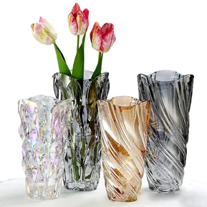 Vases Glass Flower Set for Home Decor Wedding Wholesale Supplier Wave Shape Embossed Thick Glass Flower Vases