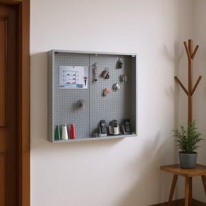 Présentoir mural suspendu 95x85cm gris clair avec dos perforé et portes verrouillables pour clés, téléphones et petits objets - Product Image 3