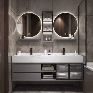 Gray Intelligent <b>Bathroom</b> Vanity Unit Double Sink Honeycomb <b>Smart</b> <b>Mirror</b> LED Light Melamine Board Lacquer Finish Water Resistant - Product Image 6