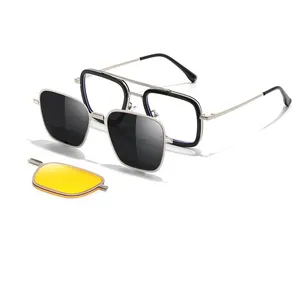 안경 3 in 1 금속 자석 안경 프레임 교환 렌즈 선글라스 자기 편광 클립 온 안경