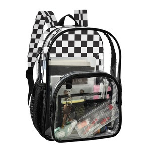 Unisex <b>Black</b>/White Checked Design Heavy Duty Clear 16" Clear Backpack Transparent Travel Casual Backpack with <b>Black</b> Trim - Product Image 2